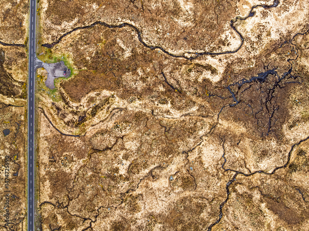 Top Down over Moors and Road A82 over Glencoe Valley from a drone, Highland, Scotland