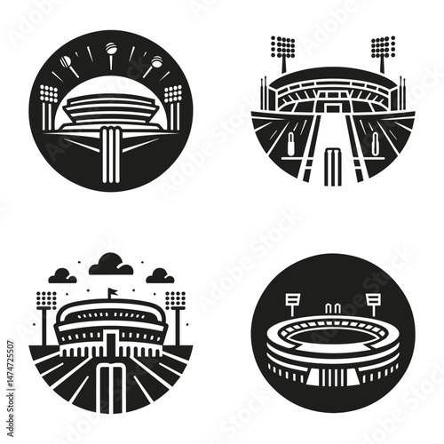 A simple, minimalist black-and-white icon representing a cricket stadium