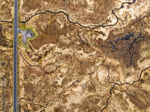 Obraz na płótnie Top Down over Moors and Road A82 over Glencoe Valley from a drone, Highland, Scotland w salonie