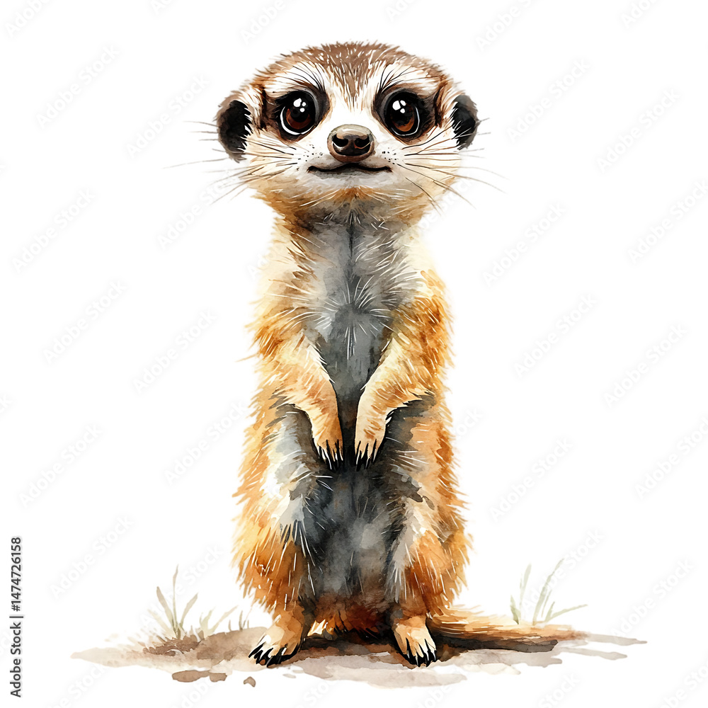Fototapeta premium Digitally rendered illustration of a small, standing meerkat, portrayed in a cute, cartoonish style. Its expression and posture suggest a friendly mood.