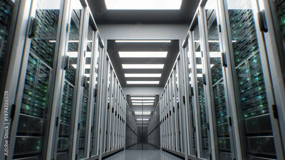 Server Room in Modern Datacenter Moving Through Loop 3d Animation. Working Server Racks Endless Illustration. Artificial Intelligence Neural Network Cloud Computing Data Storage Technology Concept 4k.