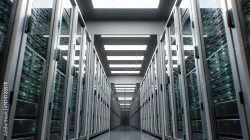 Server Room in Modern Datacenter Moving Through Loop 3d Animation. Working Server Racks Endless Illustration. Artificial Intelligence Neural Network Cloud Computing Data Storage Technology Concept 4k.