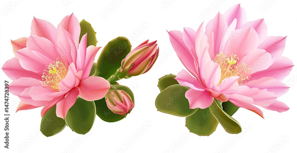 Fototapeta premium Pink Cactus Blossoms in Detailed Illustration