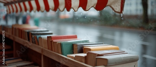 A sidewalk book display under a striped awning invites passersby to explore under a gentle drizzle.