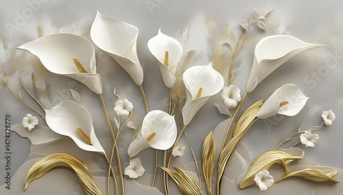 Elegant White Calla Lilies With Gold Accents On Grey Background