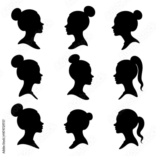 Set women face silhouette isolated vector on white background 
