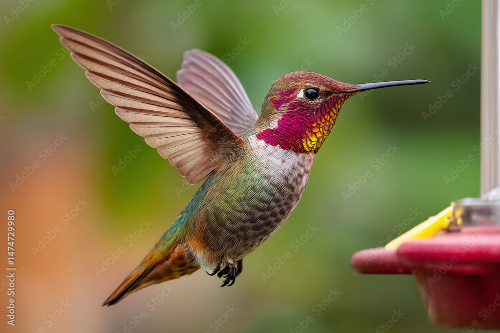 Fototapeta premium Colorful hummingbird feeding at a bright nectar feeder in a lush garden during golden hour