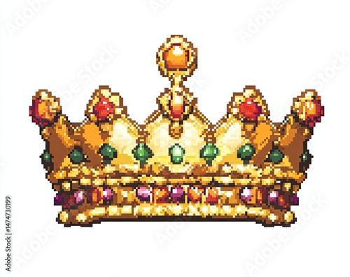 Pixel art crown, ornate with jewels and gold.  Detailed design in a  retro style