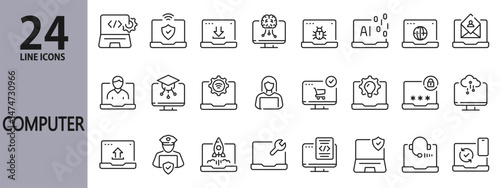Computer line icons set with Technology, Internet, Network, Cloud, AI, Programming, Data and more. Editable Stroke