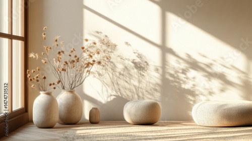 Bright corner setup with pouf and ceramic vases