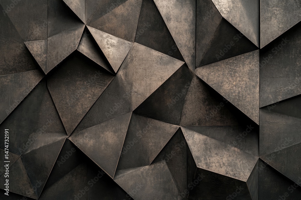Dark, textured, geometric wall covering with multifaceted, bronze-toned, triangular patterns creating a three-dimensional effect Dark, textured, geometric wall covering with multifaceted, bronze-toned, triangular patterns creating a three-dimensional effect