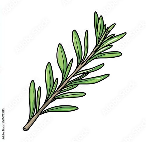 Fresh rosemary sprig, vibrant green leaves on a light brown stem.  Detailed botanical illustration
