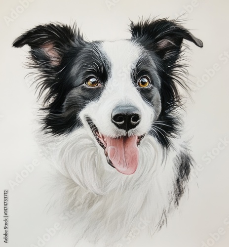 Portrait of a Border Collie, head and shoulders,  black and white coat,  happy expression,  soft pastel colors, detailed fur,  vibrant eyes