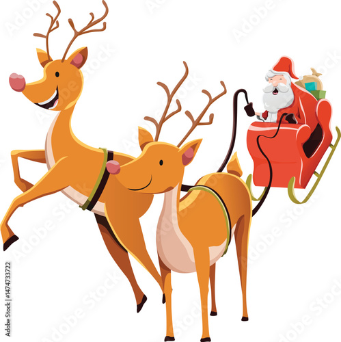 Santa Claus Christmas sleigh with 2 reindeer illustration