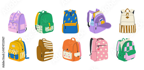 Set of hand drawn backpacks for preschoolers, school kids, and university students. Isolated clip art collection of patterned school bags for boys and girls. Back to school concept in flat style.