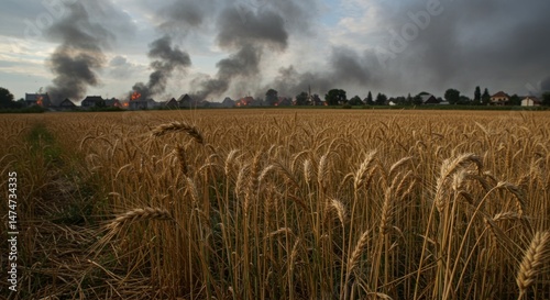 Golden wheat field against a backdrop of destruction, a story of resilience
