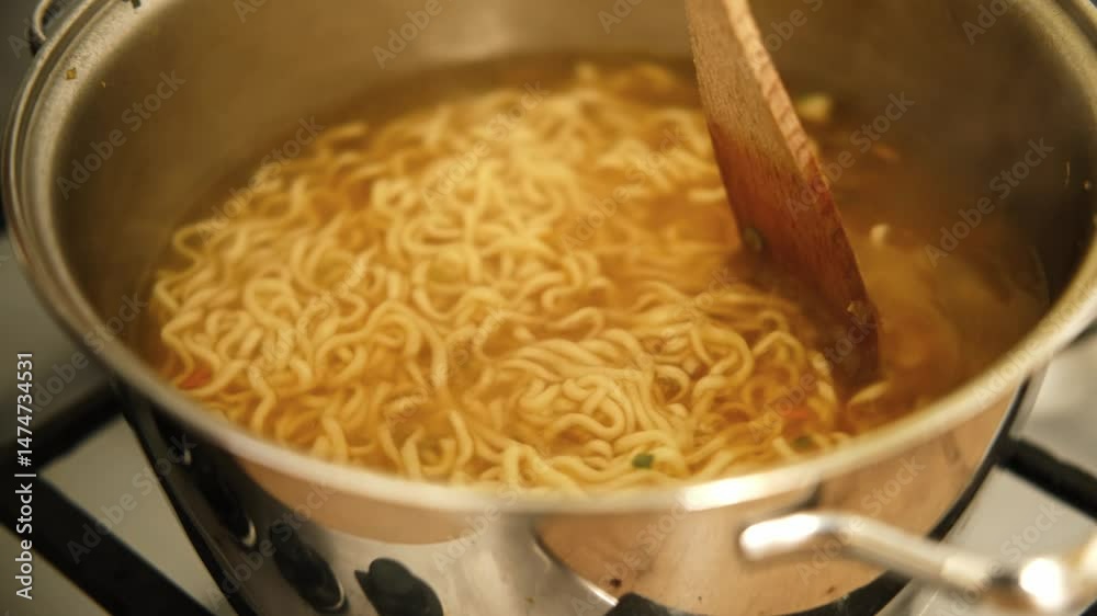 Man cooking ramen noodles. Male making noodle soup broth in the home kitchen stove. Traditional Asian food. Close Up Video Of Mans Hands Serving Pasta With Fresh Vegetables. Preparing Homemade Dish.