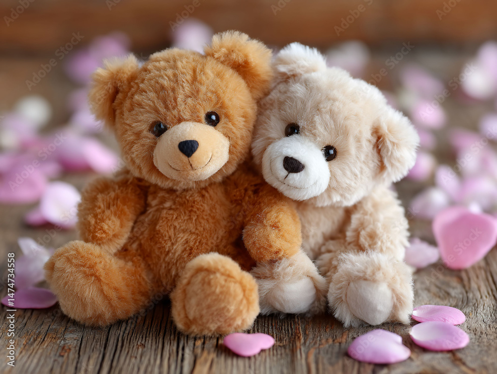 Obraz premium Two teddy bears cuddling together on a wood surface, with fallen pink petals