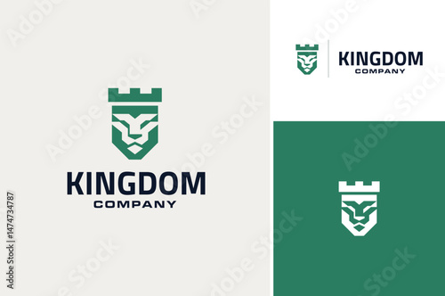 Lion King Head Face with Fortress Building Middle Ages Fort Kingdom or Rook Chess as Shield and Crown for Protection Security Logo Design