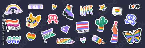 Happy Pride Month. LGBTIA stickers set. Isolated badges with signs, symbols, phrases, inclusive pride flags, bulldog, rainbow, hand, butterfly. Isolated elements on dark background. Vector clipart