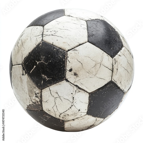 Worn soccer ball, showing signs of age and use.  The black and white panels are cracked and discolored