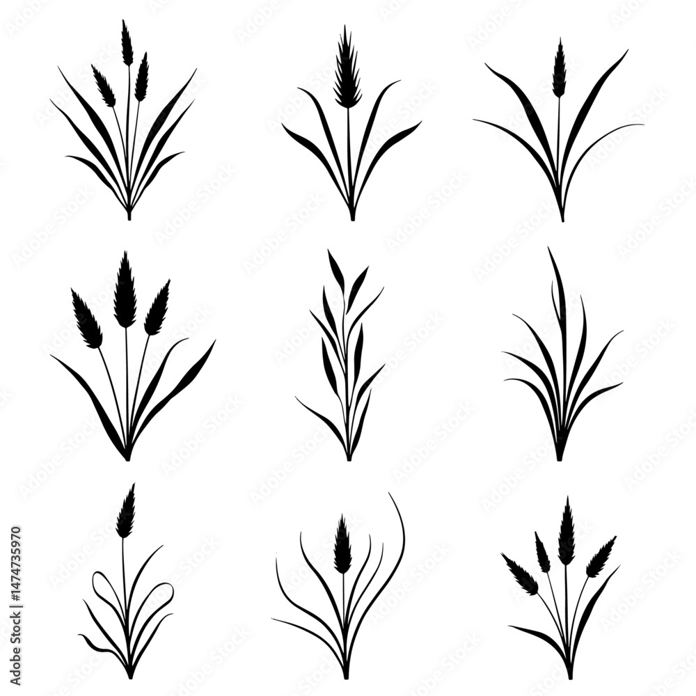 Grass silhouette set in white background