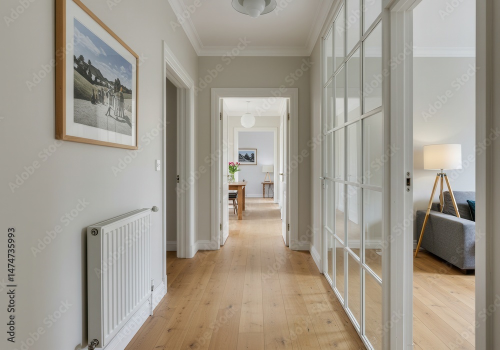 Obraz premium Interior hallway with wooden floor radiator painting and glass paneled wall leading to living room