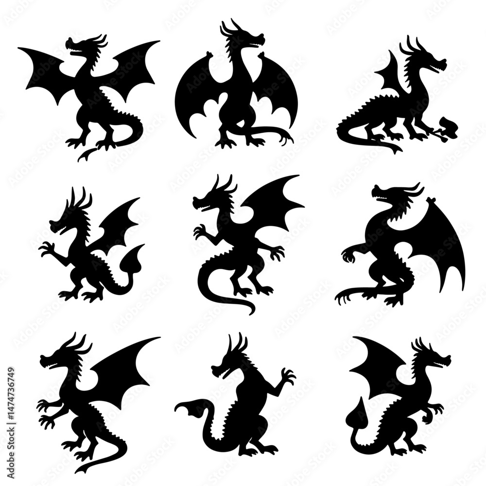 et of cute dragon silhouettes in various playful poses, black vector collection on white background