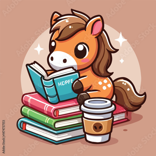 Cute Horse Reading Book With Coffee Cartoon Vector Icon Illustration