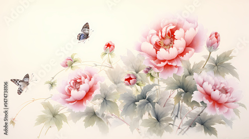Wallpaper Mural red peony and butterfly traditional painting illustration abstract background decorative painting Torontodigital.ca
