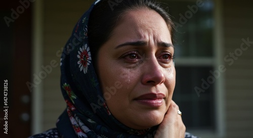 Middle-Aged Woman in Floral Headscarf Experiencing Overwhelming Sorrow Outdoors