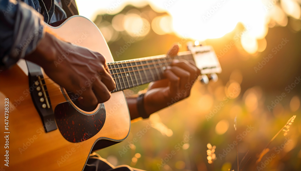 Obraz premium Acoustic Sunset Serenade: A close-up shot of a person's hands delicately playing an acoustic guitar during a breathtaking sunset, showcasing the beauty of music and nature's harmony.
