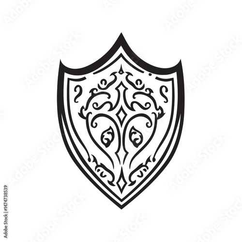 A decorative black emblem shield features intricate ornamental scrollwork with a transparent background