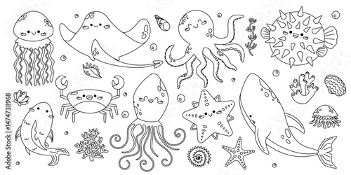 Set outlines with hand drawn sea animals, whale, squid, octopus, stingray, jellyfish, crab, fish, starfish, urchin fish, shells and seaweed. Cute underwater creatures isolated for kids coloring books