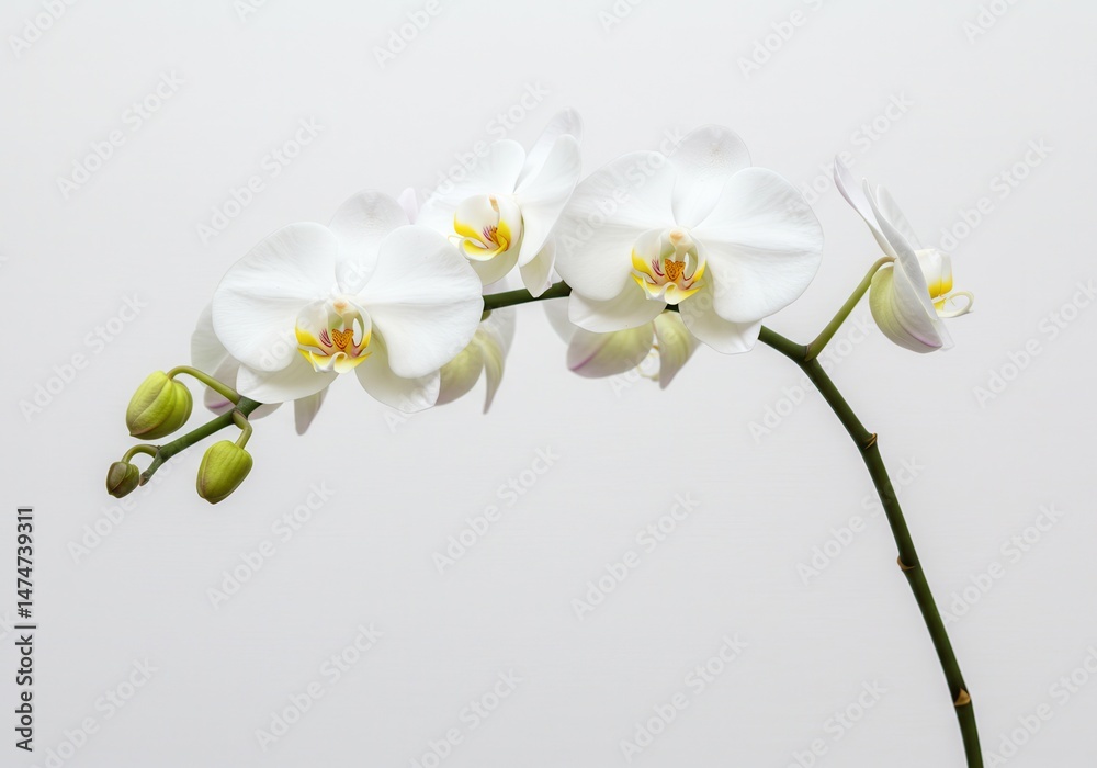Fototapeta premium A delicate white orchid branch with blooming flowers and buds against a plain background studio shot