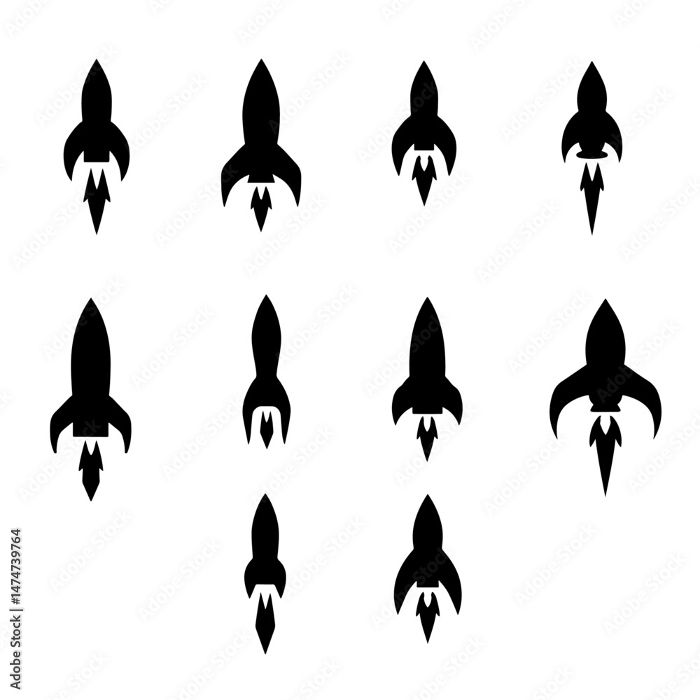 Collection of various black and white rocket ships space satellites and an astronaut icon isolated against a white background