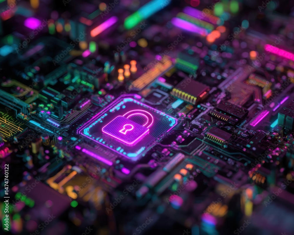 Obraz premium Glowing padlock on circuit board