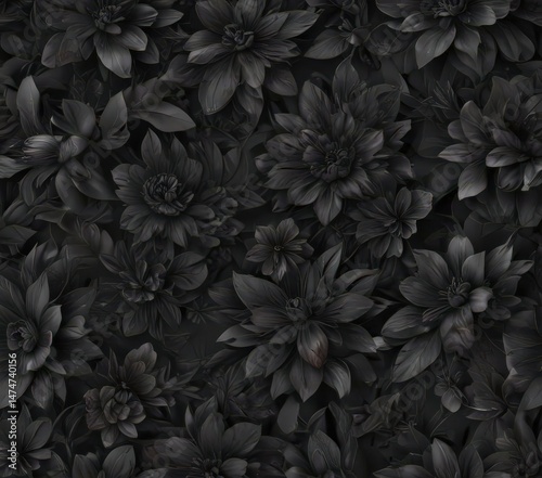 Abstract charcoal floral pattern, dark seamless design, abstract, dark