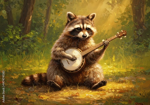 Oil painting raccoon playing banjo, Folk music animal, Painted wildlife art, Traditional art style, Forest musician, Banjo player raccoon