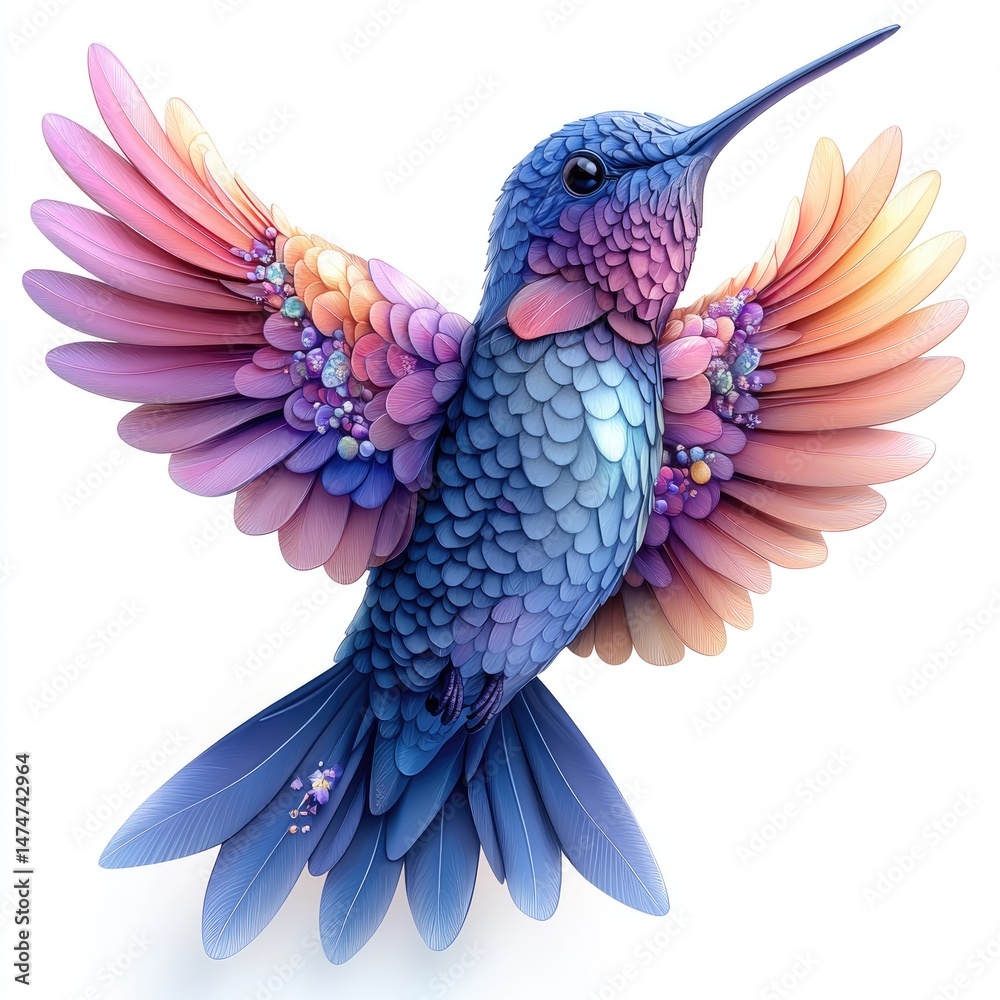Obraz premium Colorful hummingbird in flight, floral background, nature art