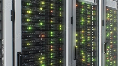 Data Center Server Racks Loop 3d Animation. Modern Server Room Close-up Indicator Lights Flashing Seamless Illustration. Cloud Computing Artificial Intelligence Big Data Storage Technology Concept 4k.