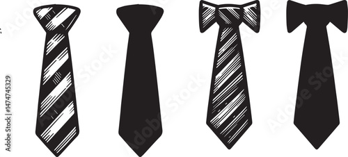 Necktie and Bow Tie Vector Silhouettes – Solid Black and Hand-Drawn Doodle Style Icons vector illustration.