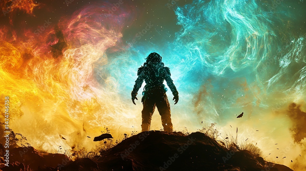 Fototapeta premium Glowing astronaut on a hill, surrounded by fire and glowing nebula in space