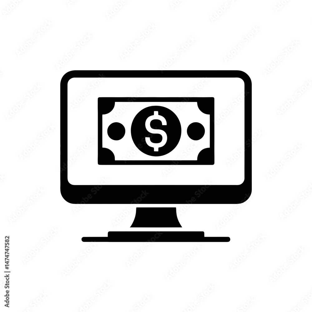 A computer monitor displays an icon of a dollar bill, symbolizing online banking or digital currency transactions. A computer monitor displays an icon of a dollar bill, symbolizing online banking or digital currency transactions.