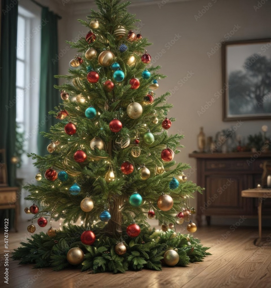 Classic green tree, colorful baubles, soft glowing lights, design, xmas Classic green tree, colorful baubles, soft glowing lights, design, xmas