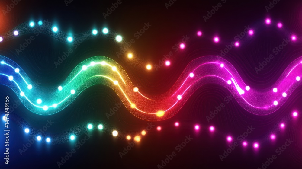 Fototapeta premium Colorful Neon Light Waves with Glowing Dots Background