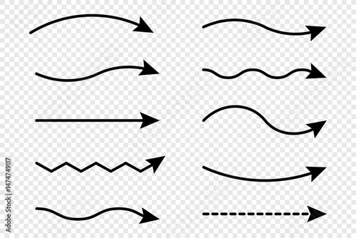 Waving arrows shape set. Set simple flat arrows isolated