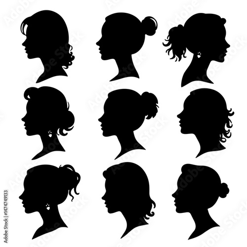Set of female cameo silhouette head and body. Stylish women face and hair silhouette shape with black and white collection. Artistic art drawing of a woman’s face icon