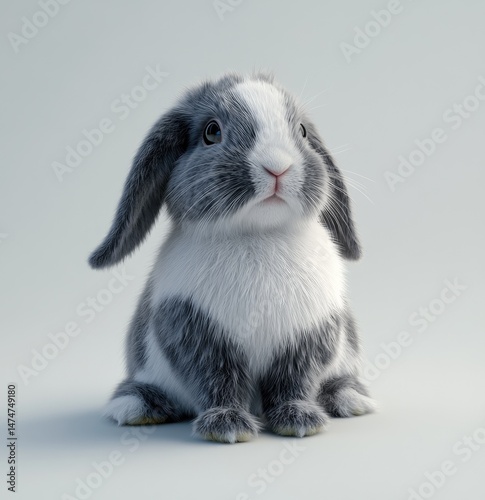 A fluffy, adorable baby rabbit, gray and white, sits attentively, its large ears perked