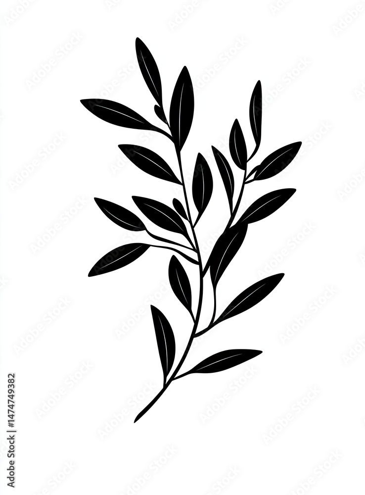 Silhouetted branch with leaves. A simple, elegant design of a dark, leafy branch against a white background. The leaves are slightly varied in shape and size, creating a natural look Silhouetted branch with leaves. A simple, elegant design of a dark, leafy branch against a white background. The leaves are slightly varied in shape and size, creating a natural look